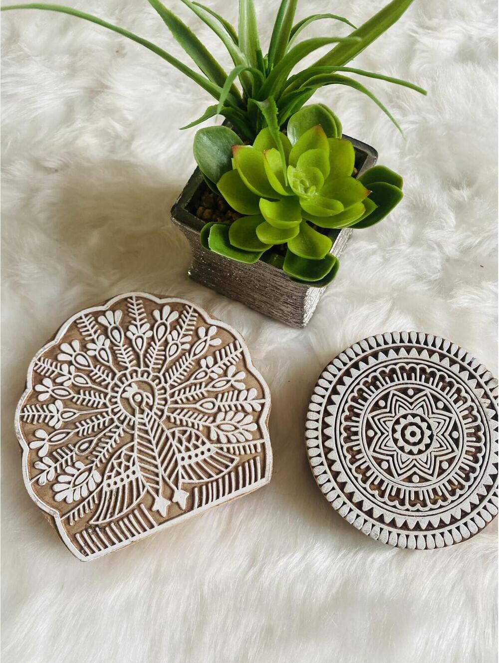 Set of 2 Hand Carved Wooden Coasters with Intricate Designs